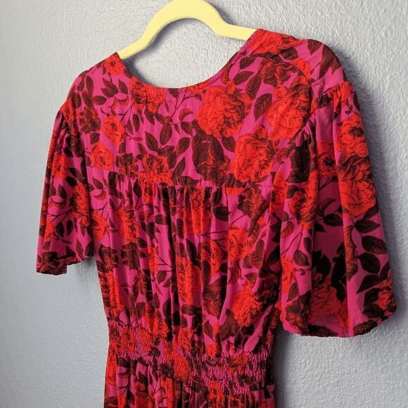 Abel the Label Dress Hi/Low Smocked Flutter Sleeve Red Pink Black Floral XSmall - Picture 10 of 11